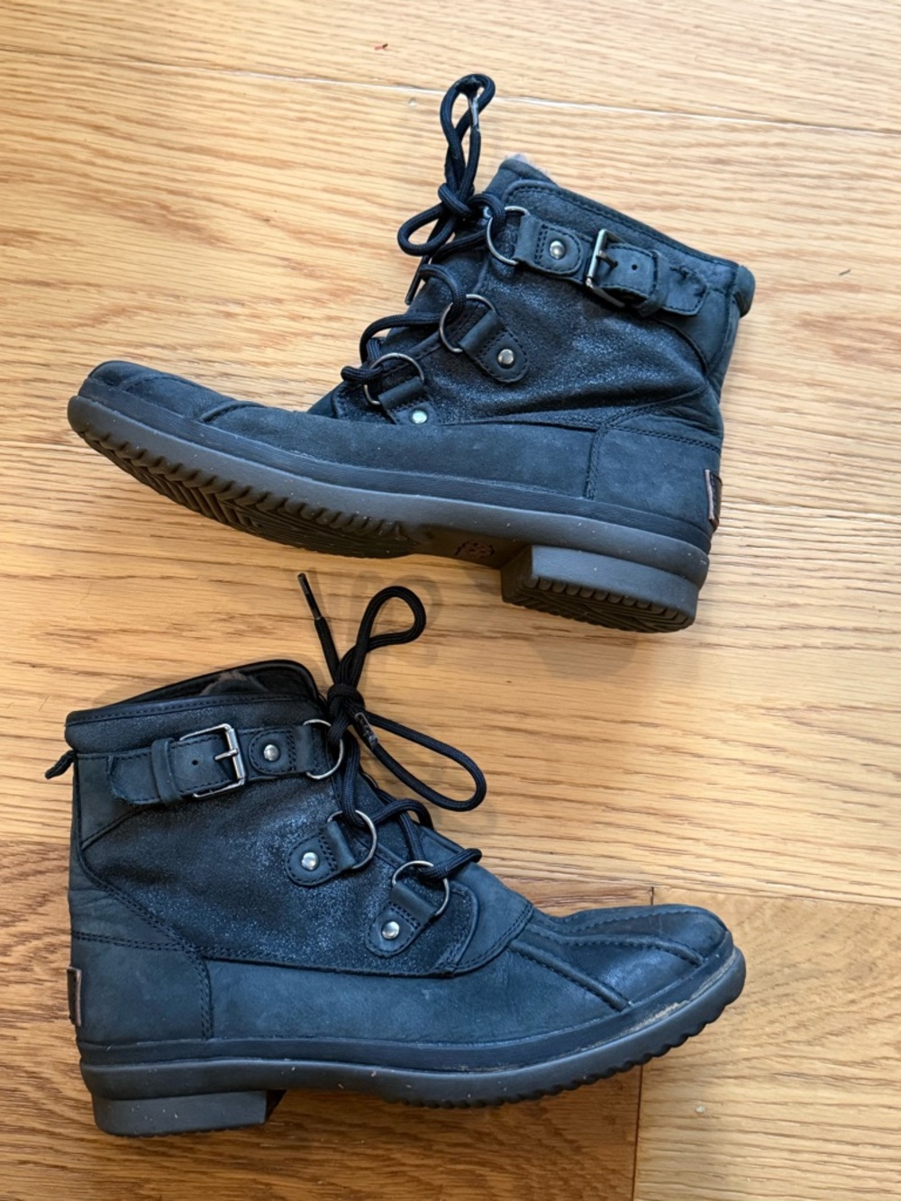 *UGG Black Suede Lace-Up Ankle Boots with Buckle Detail size 7